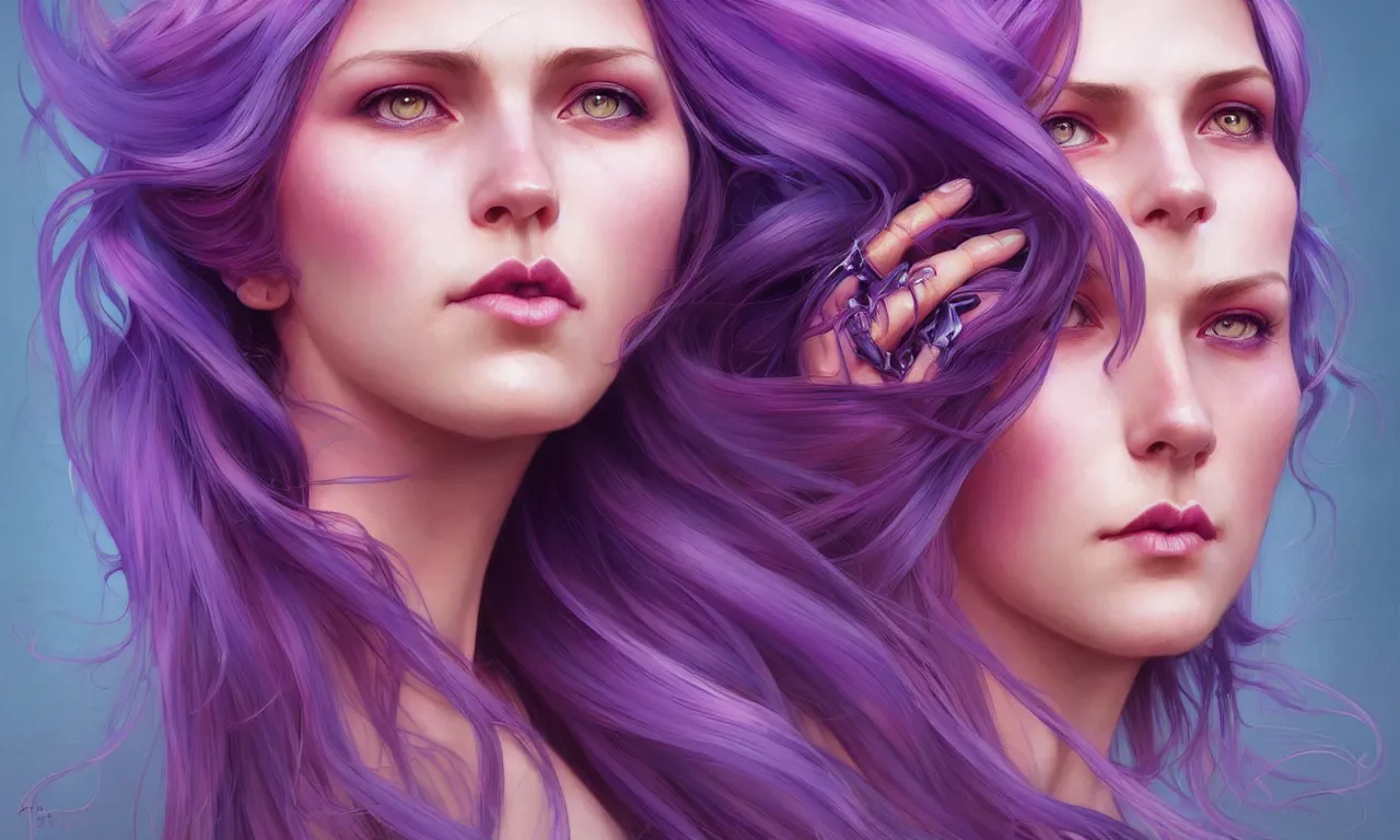 Image similar to Portrait of a woman with bright colored flying hair, all shades of purple. Hair coloring, amber eyes, face, long hair, fantasy, intricate, elegant, highly detailed, digital painting, artstation, concept art, smooth, sharp focus, illustration, art by artgerm and greg rutkowski and alphonse mucha