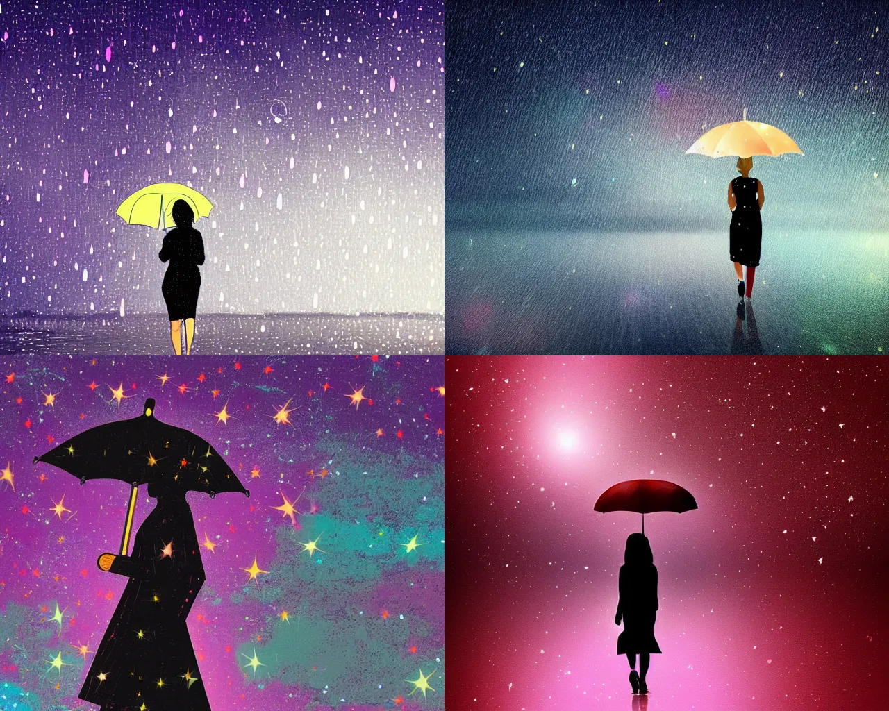 Prompt: Woman walking with an umbrella under the raining stars, digital art