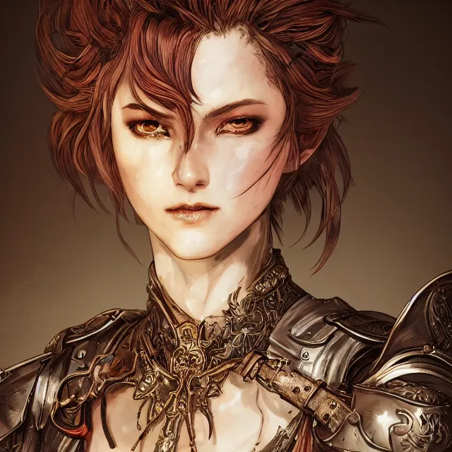 Image similar to the portrait of neutral evil fallen female knight vagabond as absurdly beautiful, conniving, elegant, sophisticated, woman, an ultrafine hyperdetailed illustration by kim jung gi, irakli nadar, intricate linework, bright colors, octopath traveler, final fantasy, unreal engine 5 highly rendered, global illumination, radiant light, detailed and intricate environment