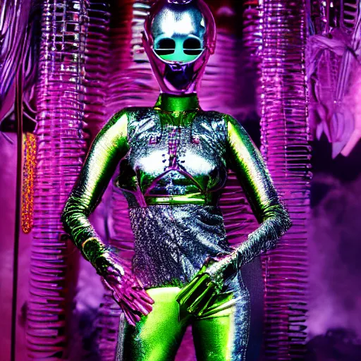 Image similar to hi - fructose mag photo, inside a futuristic detailed alien jungle made out of shiny reflective chrome, futuristic android with limbs made out of stretchy rubber tubing mixed with shiny colorful giant intricate detailed chrome gauntlets and chest piece and discoball mask, wearing a long purple velvet cape, fog and mist