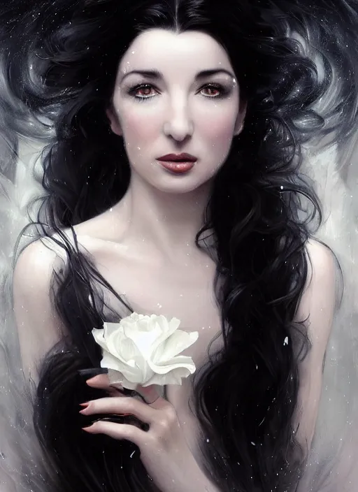 Prompt: portrait of kate bush against a velvet background, lush black hair, pale skin, white roses, flowing material, intricate, beautiful cinematic lighting, stunning painting by artgerm, caravaggio, android jones, wadim kashin