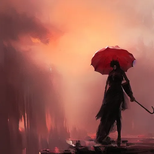 Image similar to red sky with big umbrella, dramatic lighting,, painted by raymond swanland, painted by greg rutkowski, painted by jeremy mann, painted by artgerm, painted by igor kieryluk, trending on artstation