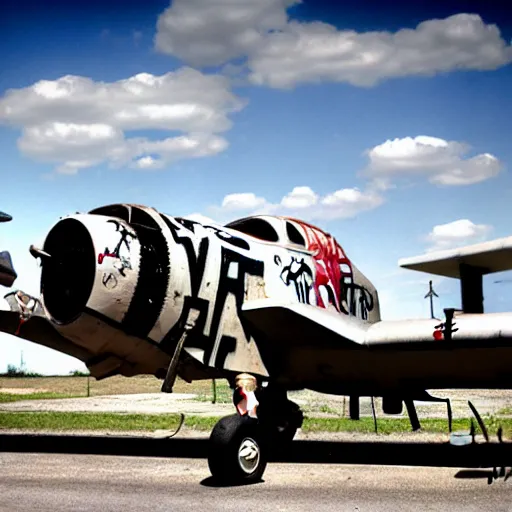 Prompt: Fairchild A-10 Thunderbolt covered in graffiti in bone yard