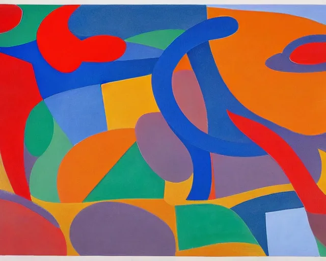 Prompt: A wild, insane, modernist landscape painting. Wild energy patterns rippling in all directions. Curves, organic, zig-zags. Saturated color. Childrens art. Matisse.