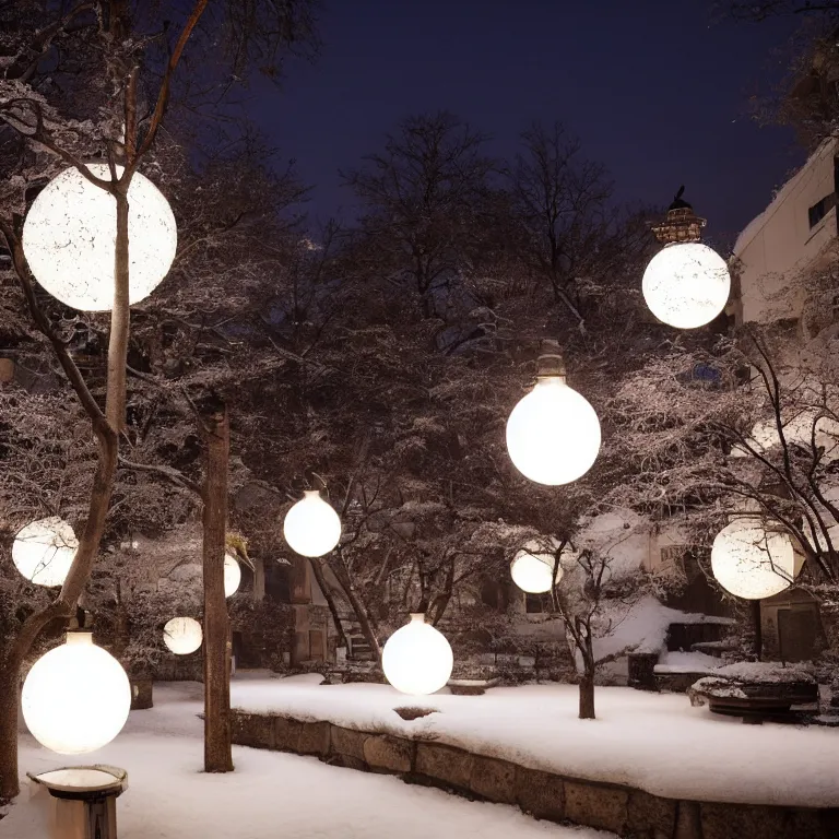 Prompt: a snowy japanese courtyard at night illuminated by globe lamps