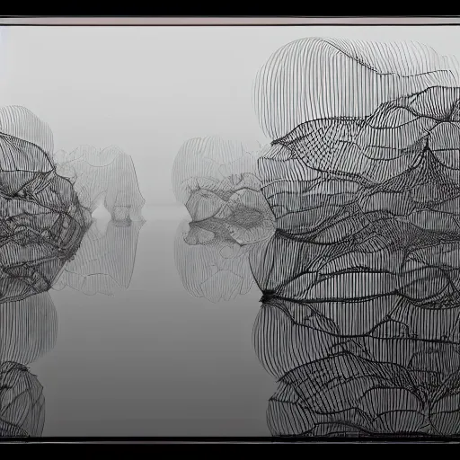 Image similar to remains of the stems of lotus flowers mirrored on a river and looking like sharp geometric scribbles, soft Chinese bridge contour far in the background, light fog, highly detailed black and white photograph by René Burri, 35mm, f/11, ISO 100, concept art, cgsociety, octane render, trending on artstation, artstationHD, artstationHQ, unrealengine