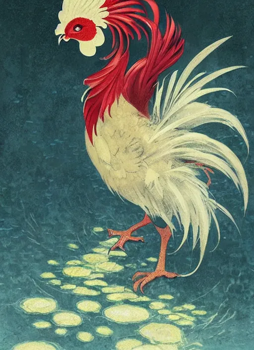 Prompt: a gorgeous paradise rooster japanese art is looking at a bird, ethereal, horror, fantasy art by greg rutkowski and magali villeneuve and claude monet