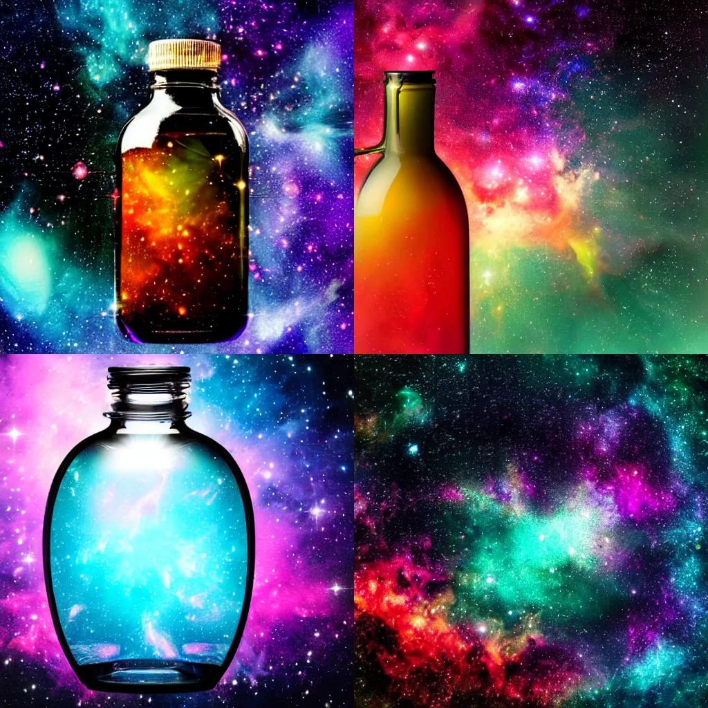Prompt: colorful nebula inside a glass bottle, black background, fantastic photo