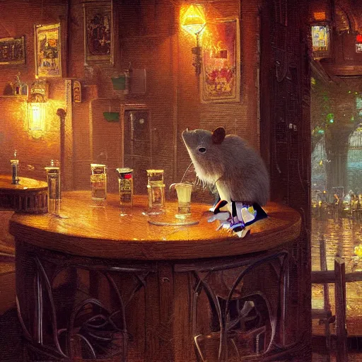 Prompt: a digital painting of a rat drinking tea at a pub, masterpiece, 4k wallpaper, beautiful, gorgeous, intricate brush strokes, by Greg Rutkowski, Thomas Kinkade