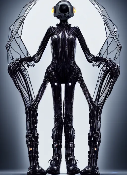 Image similar to catwalk, iris van herpen gothic inflateble dark dress, perfect symmetrical body, helmet on face, full body shot, inflateble shapes, wires, tubes, veins, jellyfish, white biomechanical details, wearing epic bionic cyborg implants, masterpiece, intricate, biopunk, vogue, highly detailed, artstation, concept art, cyberpunk, octane render