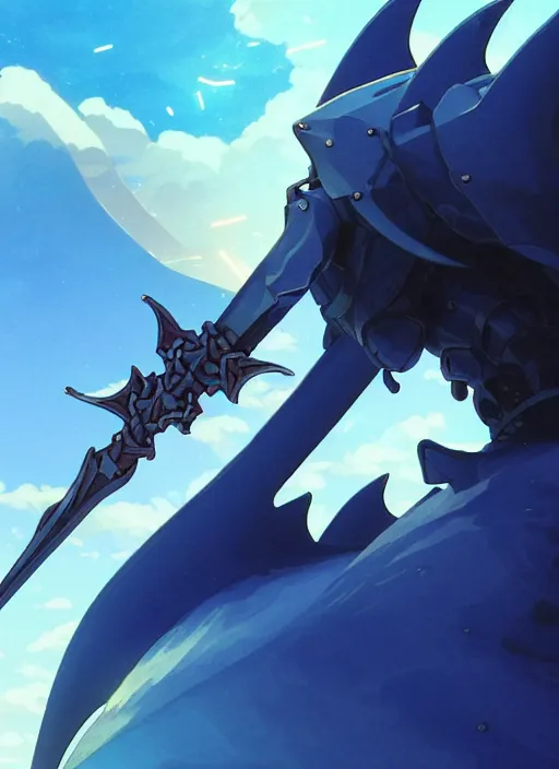 Image similar to close up of a mech armor witch holding a trident, extremely beautiful and aesthetic and detailed cute face and body, back shark fin, big wave horizon, specular reflection, occlusion shadow, dynamic pose, slightly smiling, blue sky, big blade whale and black giants minotaurus, fantasy illustrations, by makoto shinkai and peter mohrbacher and ferdinand knab