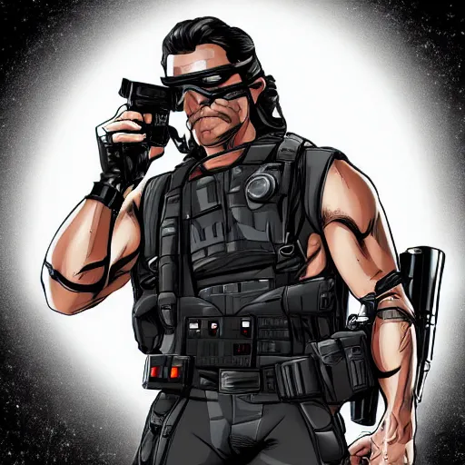 Image similar to muscular man, black vest with no shirt underneath, goggles around his neck, cargo pants, ammo belt, holding a blaster, star wars, long black hair in a ponytail, five o' clock shadow, comic book art, distance shot