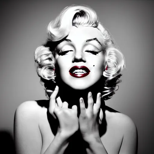 Image similar to beautiful centered photo of marilyn monroe with chocolate dripping down her face, in white room, soft box lighting, shallow depth of field