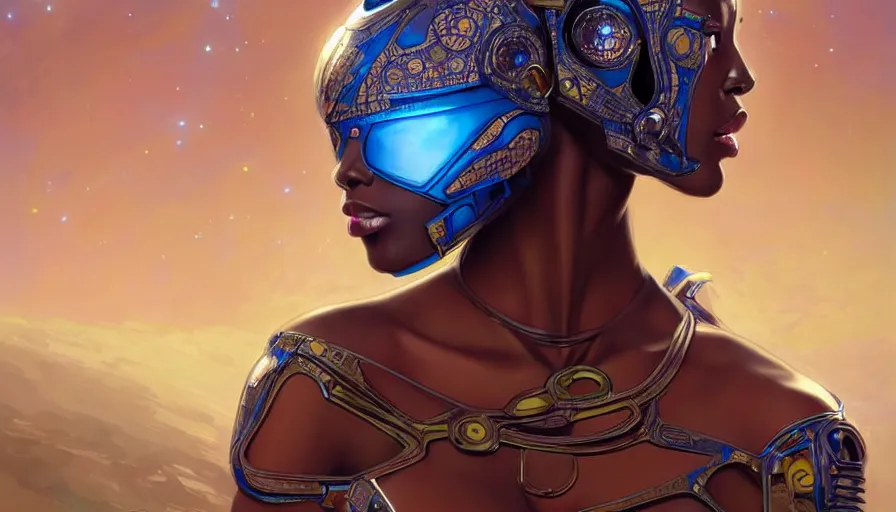 Prompt: concept art of very very very very very very beautiful african woman, spacesuit, futuristic cybernetic helmet, blue eyes, real life skin, intricate, elegant, highly detailed, artstation, concept art, smooth, sharp focus, art by artgerm and greg rutkowski and alphonse mucha