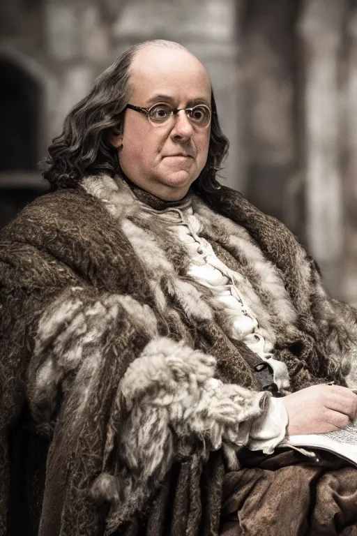 Image similar to benjamin franklin in game of thrones. dslr, 5 0 mm, f / 2. 8, studio lighting