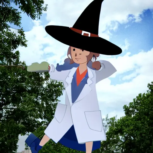 Prompt: witch in labcoat flying on broom