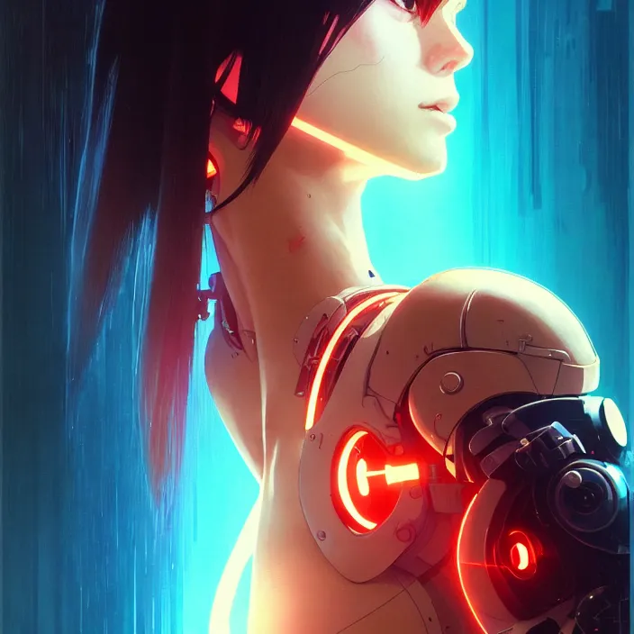 Prompt: side portrait of cyborg girl with robotic parts | | head only in center of image, audrey plaza, fine detail!! anime!! realistic shaded lighting!! poster by ilya kuvshinov katsuhiro otomo ghost - in - the - shell, magali villeneuve, artgerm, jeremy lipkin and michael garmash and rob rey