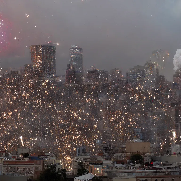 Prompt: huge glitter bomb explosion above city, mushroom cloud, flash illuminating city