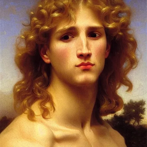 Image similar to PORTRAIT Painting of a blond male Venus Apollo. LONG CURLY blond hair. Sharp angular face high cheekbones hooked nose. Art by william adolphe bouguereau. During golden hour. Extremely detailed. Beautiful. 4K. Award winning.