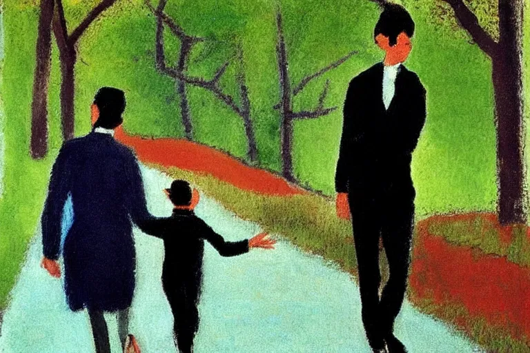 Image similar to a tall man with dark hair holding the hands of a small boy with dark hair as they walk down a suburban highway on a bright beautiful colorful happy day. part in the style of an edgar degas painting. part in the style of david hockney