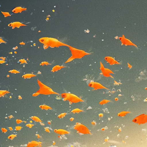 Image similar to oasis in the desert, many goldfish fly in the sky