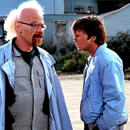 Image similar to still of walter white meeting dr. emmett brown scene, from back to the future ( 1 9 8 2 )