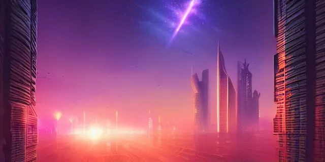 Prompt: a beautiful network of glowing futuristic cubes appears in the sky above a cyberpunk dubai city, atmospheric lighting, intricate, volumetric lighting, beautiful, sharp focus, ultra detailed, in the art style of marc simonetti, bowater charlie and brom gerald, astrophotography