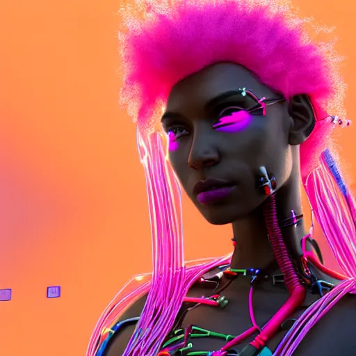 Image similar to portrait of a beautiful caribbean woman with pink hair as a cyberpunk cyborg half robot, revealing wires and electronics, circuit boards, wire management, sci - fi, missing panels, intricate abstract upper body intricate artwork, concept art, octane render, deviantart, cinematic, key art, hyperrealism, iridescent accents, portrait photograph, nikon 3 5 mm, photograph by greg rutkowski