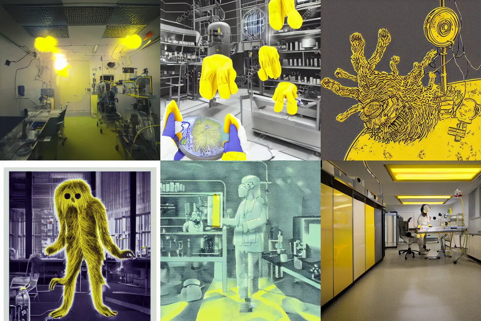 Image similar to hairy monster in laboratory clean room, photolithography, yellow artificial lighting, photorealistic