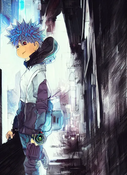 Prompt: Killua walking towards camera, low angle, epic, artstation, cyberpunk, intricate complexity