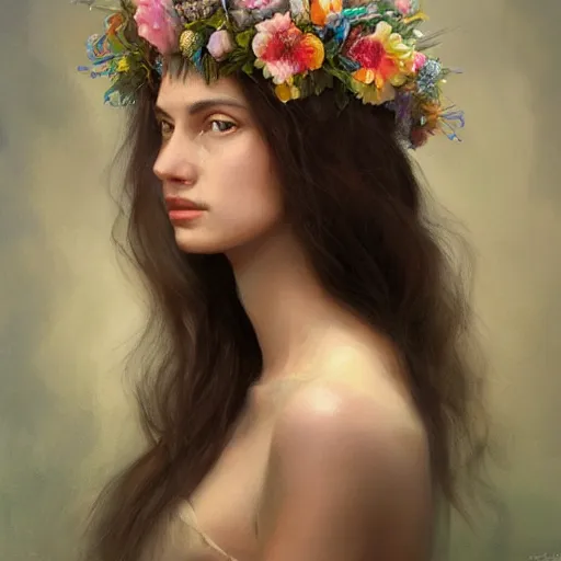 Prompt: woman portrait with flower crown by Mandy Jurgens and Warhol, Ernst Haeckel, James Jean, artstation