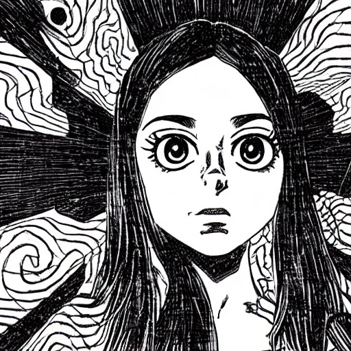 Image similar to Manga Panels, Mila Kunis summons a black spiral void from the sky by Junji Ito