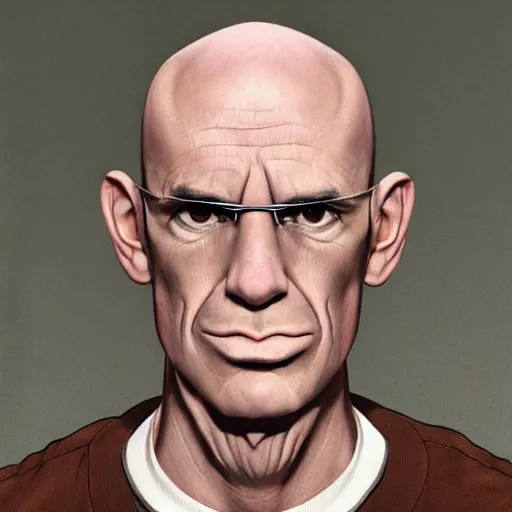 Image similar to A middle-aged Dr. Venture in real life with a hooked nose, a long gaunt face and skinny body and neck, very thin and bald, realistic, very realistic, hyperrealistic, highly detailed, very detailed, extremely detailed, detailed, digital art, oil painting, trending on artstation, headshot and bodyshot, detailed face, very detailed face, extremely detailed face, HD Quality, 8k resolution, very very detailed face, real life