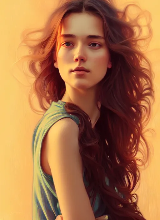 Image similar to handsome young women with shoulder length brown hair, half body shot, path traced, highly detailed, high quality, digital painting, alena aenami, lilia alvarado, shinji aramaki, karol bak, alphonse mucha, tom bagshaw