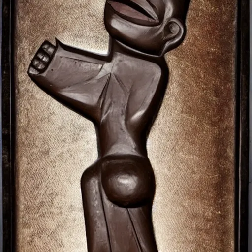 Image similar to by max beckmann atmospheric chocolate, traditional haida art. a beautiful sculpture. you cannot see the future. you cannot change the past. all of life consists of running into darkness.