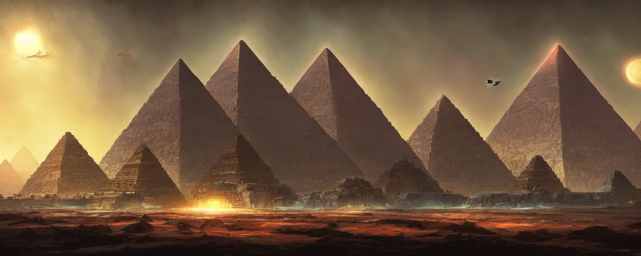 Image similar to an intricate concept art of the pyramid as alien mothership, concept art, matte painting, style by dylan cole and tyler edlin art, environment design, wide angle, unreal engine, epic lighting,