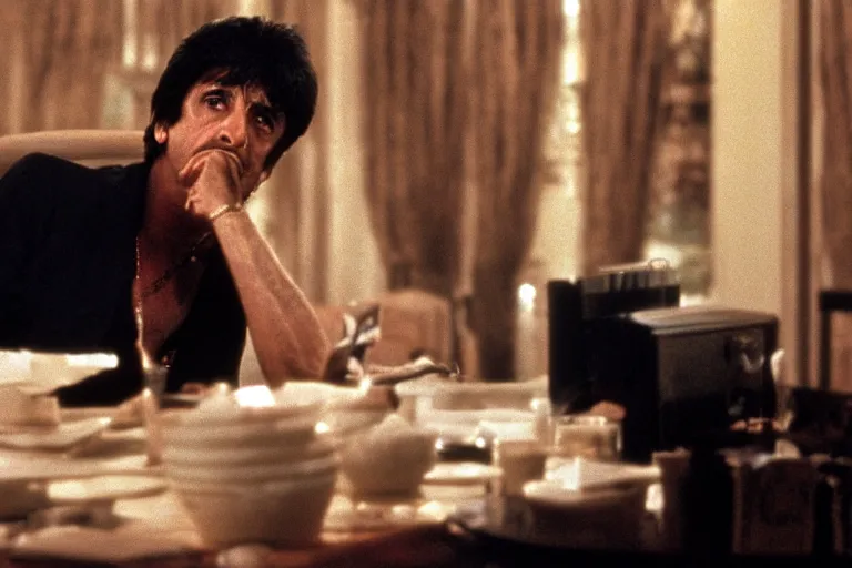 Image similar to tony montana from movie scarface 1 9 8 3 sitting at a big black oak table with big packages of flour. next to the night window. al pacino. perfect symmetric face, coherent eyes,, fine details, 4 k, ron cobb, cinestill