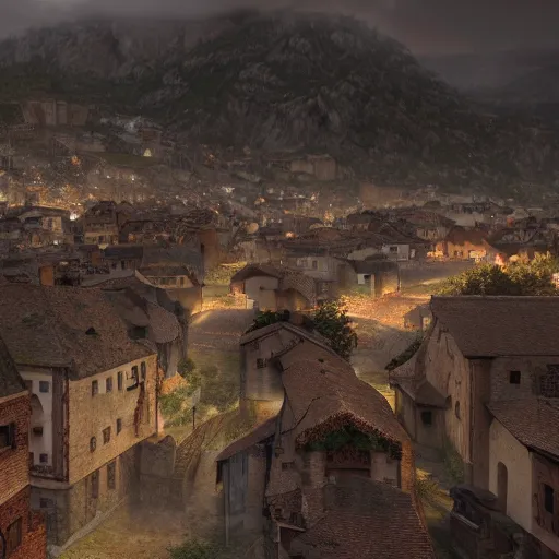 Image similar to the center of a poor medieval town under heavy rain at late night, in a valley, surrounded by mountains, highly detailed, octane render, ultra detailed cinematic, 8 k, widescreen, 1 6 : 9, hd