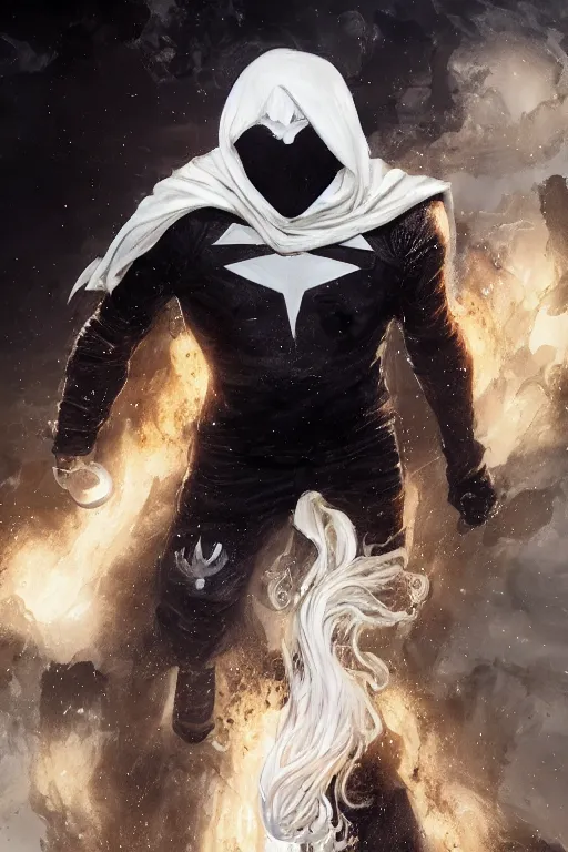 Image similar to characters portrait of Moon Knight mixed with Ghostrider by Alyssa Monks, full-shot, merged character, Full body shot, cinematic opening shot, 4k, highly detailed, cinematic lighting