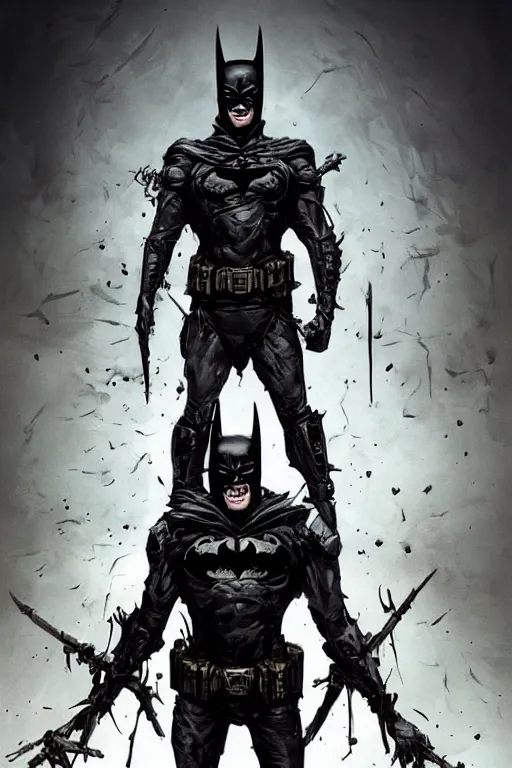 Prompt: art of the Batman Who Laughs standing in the barren wasteland of dead superheroes, gothic armor suit, evil mastermind, fantasy horror, supervillain, intricate, realistic, cinematic lighting, highly detailed, digital painting, Artstation, concept art, smooth, sharp focus, illustration, art by Artgerm and Greg Rutkowski and Zdzisław Beksiński