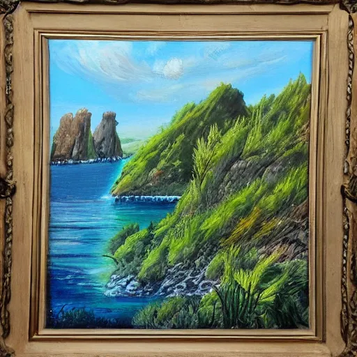 Image similar to painting of a lush natural scene on an alien planet by emma webster. beautiful landscape. weird vegetation. cliffs and water.