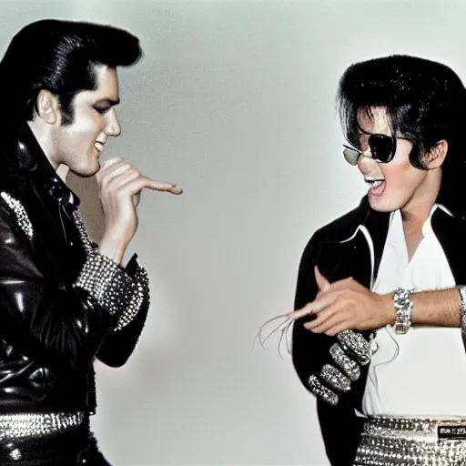 Prompt: elvis presley and michael jackson dancing, award winning photography, high detail, 4 k