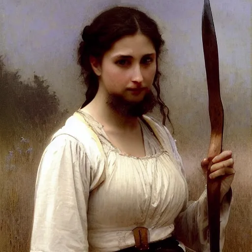 Image similar to Adolphe Bouguereau, Richard Schmid and Jeremy Lipking portrait painting of A shield-maiden (Old Norse: skjoldmø [ˈskjɑldˌmɛːz̠]) was a female warrior from Scandinavian folklore and mythology. Shield-maidens are often mentioned in sagas such as Hervarar saga ok Heiðreks and in Gesta Danorum. They also appear in stories of other Germanic peoples: Goths, Cimbri, and Marcomanni.[1] The mythical Valkyries may have been based on such shield-maidens.[