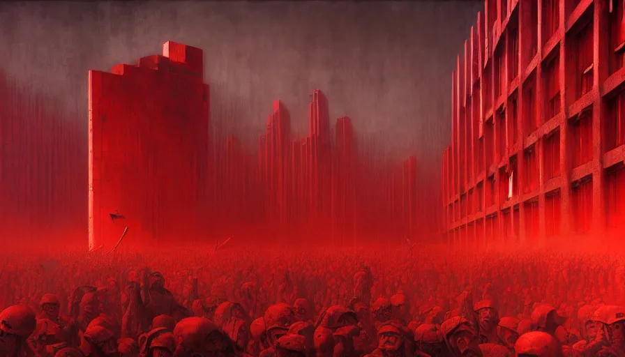 Image similar to only with red, soviet communism horror brutalist architecture apocalyptic with soviet flag, crowd cheering, in the style of beksinski and rodcenko and yue minjun and cory loftis, intricate and epic composition, red by caravaggio, highly detailed, masterpiece, red light, artstation, art nouveau