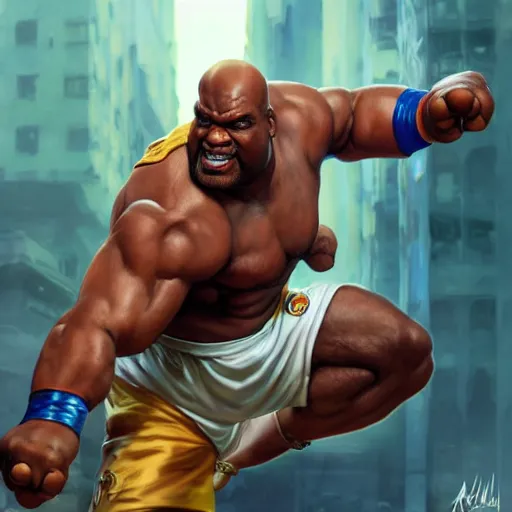 Image similar to shaquille o'neal as sagat street fighter, photo realistic, 4 k, ultra realistic, detailed focused art by artgerm and greg rutkowski and alphonse mucha