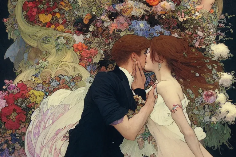 Image similar to the groom kisses the bride at a wedding full of flowers, bright and happy, dreamlike art, highly detail, 4 k realistic, wedding photoy krenz cushart. artem demura. alphonse mucha. yoji shinkawa artgerm. jon lothian. danilo torres. adi meyers. thomas reimann. gaston bussiere.