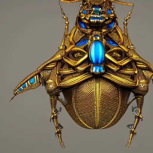 Image similar to A mandelbulb like gilded pendant insect, highly detailed and intricate, hyper realistic, yellow and blue, sci fi, artstation, octane render, 8k