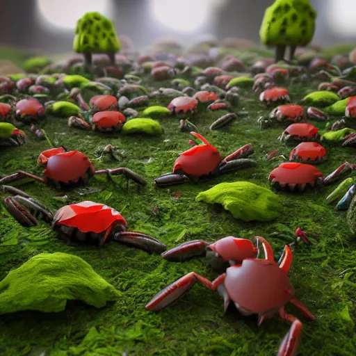 Image similar to large group of crabs and worms, crawling along a bed of moss, low poly, creeper world, handcrafted, artstation, hyperrealistic, hard light, best practices, creeptastic, photorealism, macro perspective, cuddly, Voidless of the Festival!, The Graveyard!!