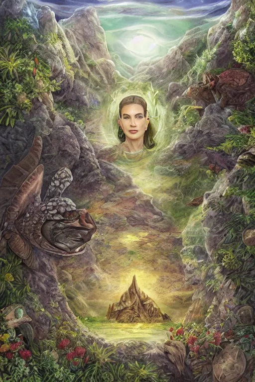 Image similar to A fantasy book style portrait painting of the Great Turtle Island at the center of the Universe, accompanied by a hybrid of, Anya_Taylor-Joy, Cory Chase, Eva Green, as a Mystical Valkyrie, Anubis-Reptilian, Atlantean Warrior, Cozy, hotspring hidden in a Cave, candlelight, towels, cushions, natural light, lush plants and flowers, elegant, smooth cave rock, fantasy, atmospheric lighting, digital painting, François Boucher, Oil Painting, Crisp clear resolution, unreal 5, DAZ, hyperrealistic, octane render, Regal, Refined, Detailed Digital Art, RPG portrait, William-Adolphe Bouguereau, Michael Cheval, Walt Disney (1937), Steampunk, Volumetric Golden dappled dynamic lighting, Highly Detailed, Cinematic Lighting, Unreal Engine, 8k, HD