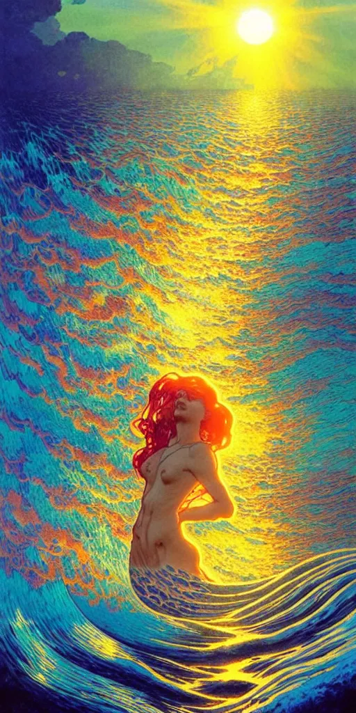 Image similar to ocean wave around psychedelic mushroom, dmt water, lsd droplets, backlit, sunset, refracted lighting, art by collier, albert aublet, krenz cushart, artem demura, alphonse mucha